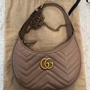 GUCCI Calfskin Matelasse Chevron Mini GG Marmont Half Moon Hobo in Porcelain Ros